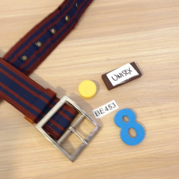 Belt Leather Buckle 36 Brown‎ Blue Red Striped Preppy Adult Fabric Nylon Classic - Picture 11 of 11